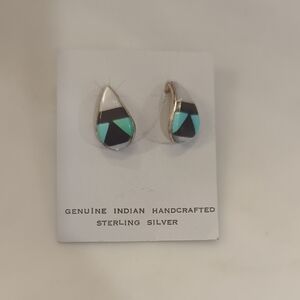 Handcrafted Sterling Silver Earrings with Turquoise and Black Inlay